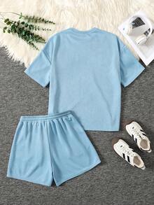 SHEIN Set 2pcs/Set untuk Remaja Perempuan: Kaos dan Celana Pendek Rajut Kasual dengan Motif Huruf, Set 2 Potong, Warna Polos Kasual, Anak-anak - Aprikot - View 2