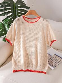 CosyJoli 大码优雅法式休闲镂空撞色春夏针织女式上衣 - 米色 - 查看 5