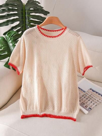 CosyJoli Blusa de punto de colores en bloque de estilo francés elegante y casual con diseño calado para mujer de talla grande, para primavera/verano