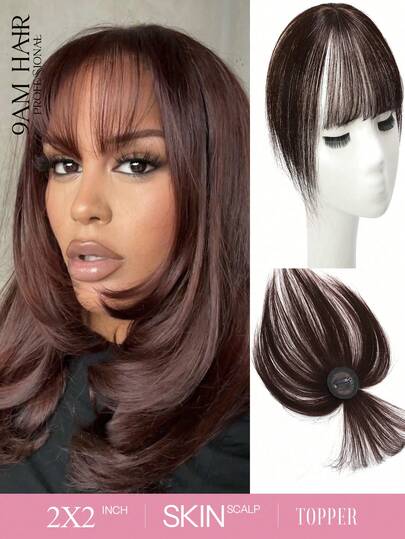 Silk Base Virgin Human Hair Topper Dark Brown Top Hairpiece Air Bangs Straight Toppers With Bangs Top Hairpiece For Women Brown Color