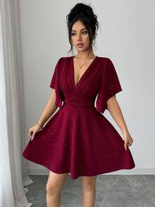 Elenzga New Women V-Neck Pleated Bust Ruffle Sleeve Waist Cinched Mini Dress, Elegant And Youthful - Burgundy - View 4