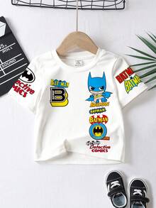 BATMAN X SHEIN Kleine Jungen Lässig Kurzarm T-Shirt geeignet für den Sommer, klassischer cooler DC Superheld - Cartoon Charakterdruck, klassischer Logodruck, stilvoller Textdruck - Weiss - Übersicht 2
