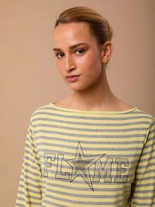 SURIMA Women's Casual Striped Letter & Star Rhinestone Embellished T-Shirt - Yellow - View 4