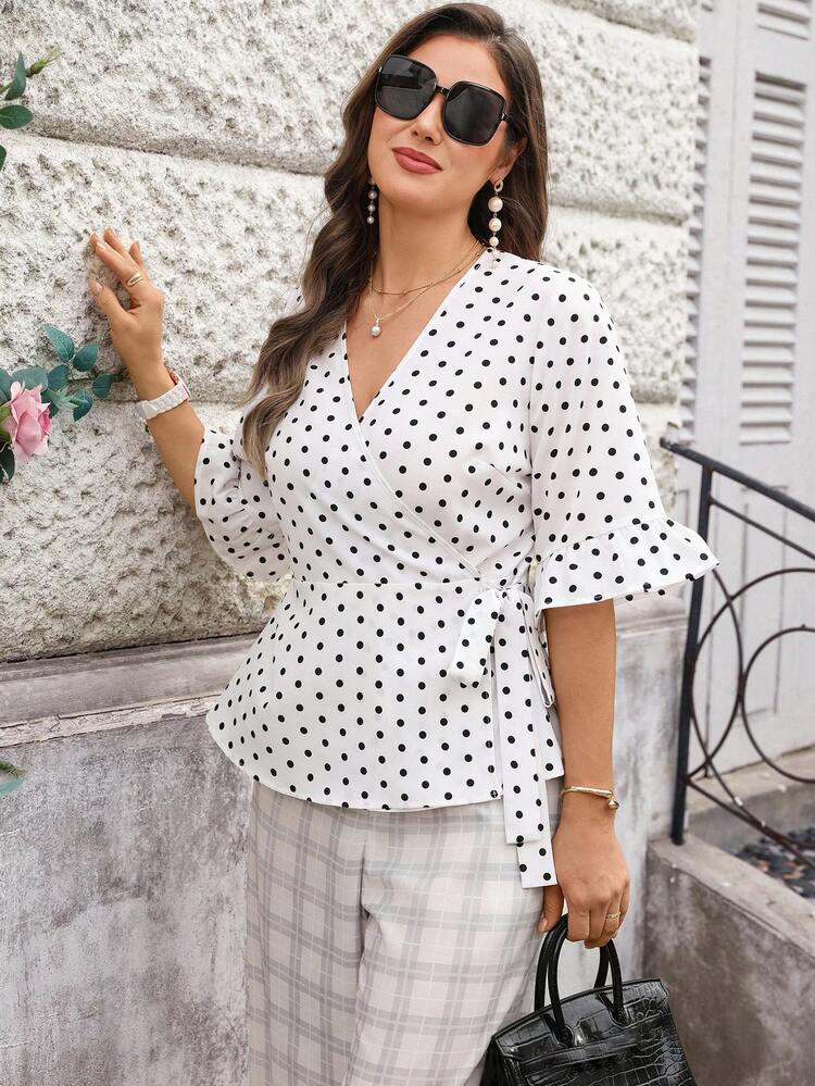 Plus Size Women Polka Dot Print Overlap V-Neck Side Tie Short Sleeve Blouse For Summer/ Vacation, Polkadot Blouse Tie Waist Top Elegant Blouses For Women Polkadot Top Wraparound Blouse Wrap Tops For Women Peplum Tops Business Casual Woman Top, Summer Tops