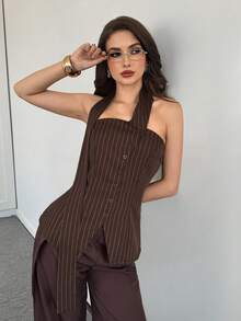 Modelyn Striped Asymmetric Single-Breasted Cinched Waist Women Top Pinstripe Top Summer Vacation - Coffee Brown - View 6