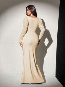 Viva Relle 大码女士纯色方领灯笼袖连衣裙，浪漫百搭，适合婚礼宾客、毕业典礼、舞会、节日、生日、教堂礼拜、夜间外出、派对等场合。 - 杏色 - 查看 2