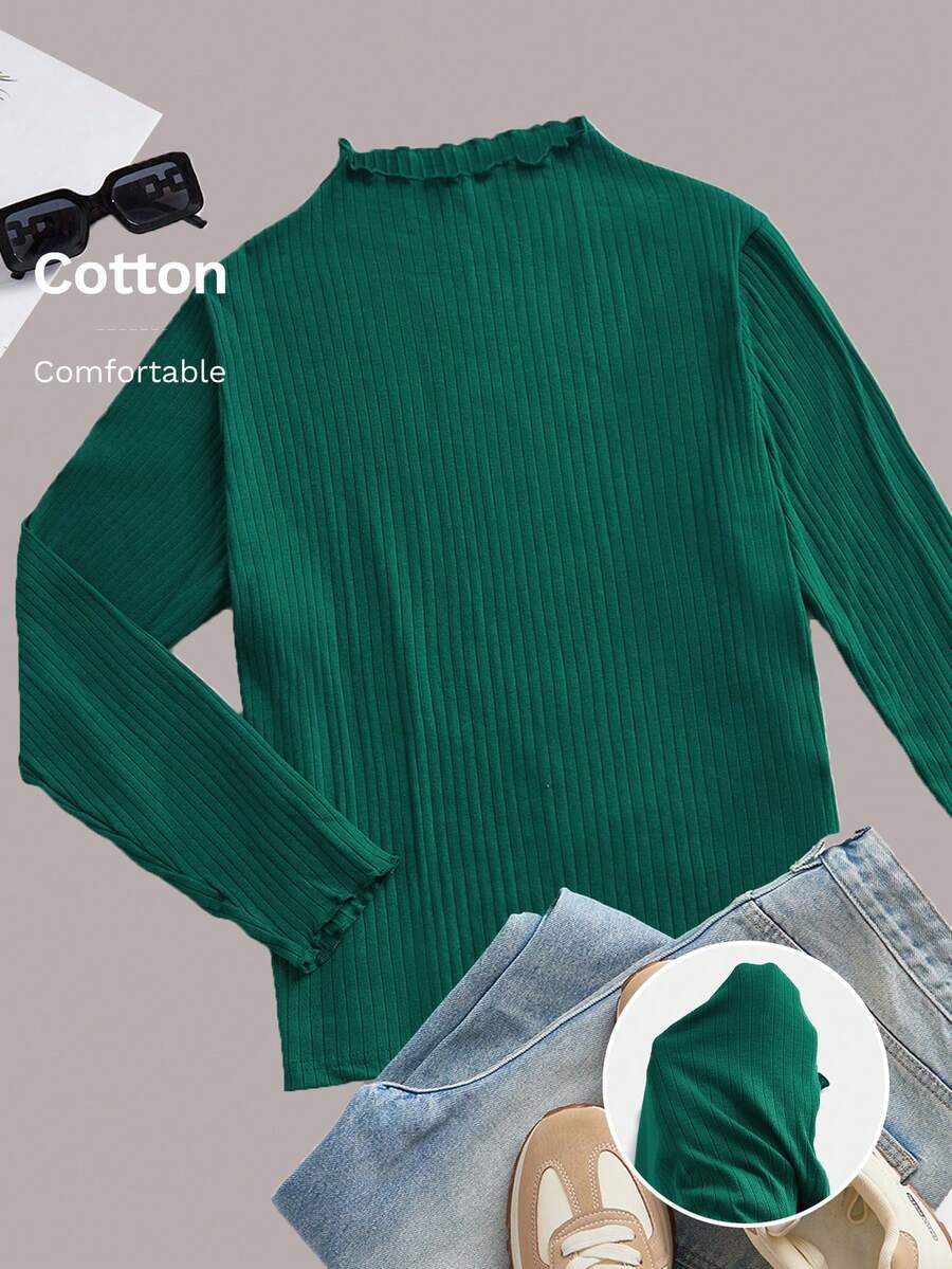 SHEIN EZwear 女式加大码橄榄绿罗纹长袖T恤,简约秋季 - 墨綠色 - 查看 1