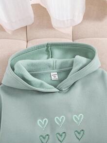 SHEIN Tween 女童宽松休闲简约心形图案连帽运动衫，长袖，适合秋冬季 - 綠色 - 查看 5