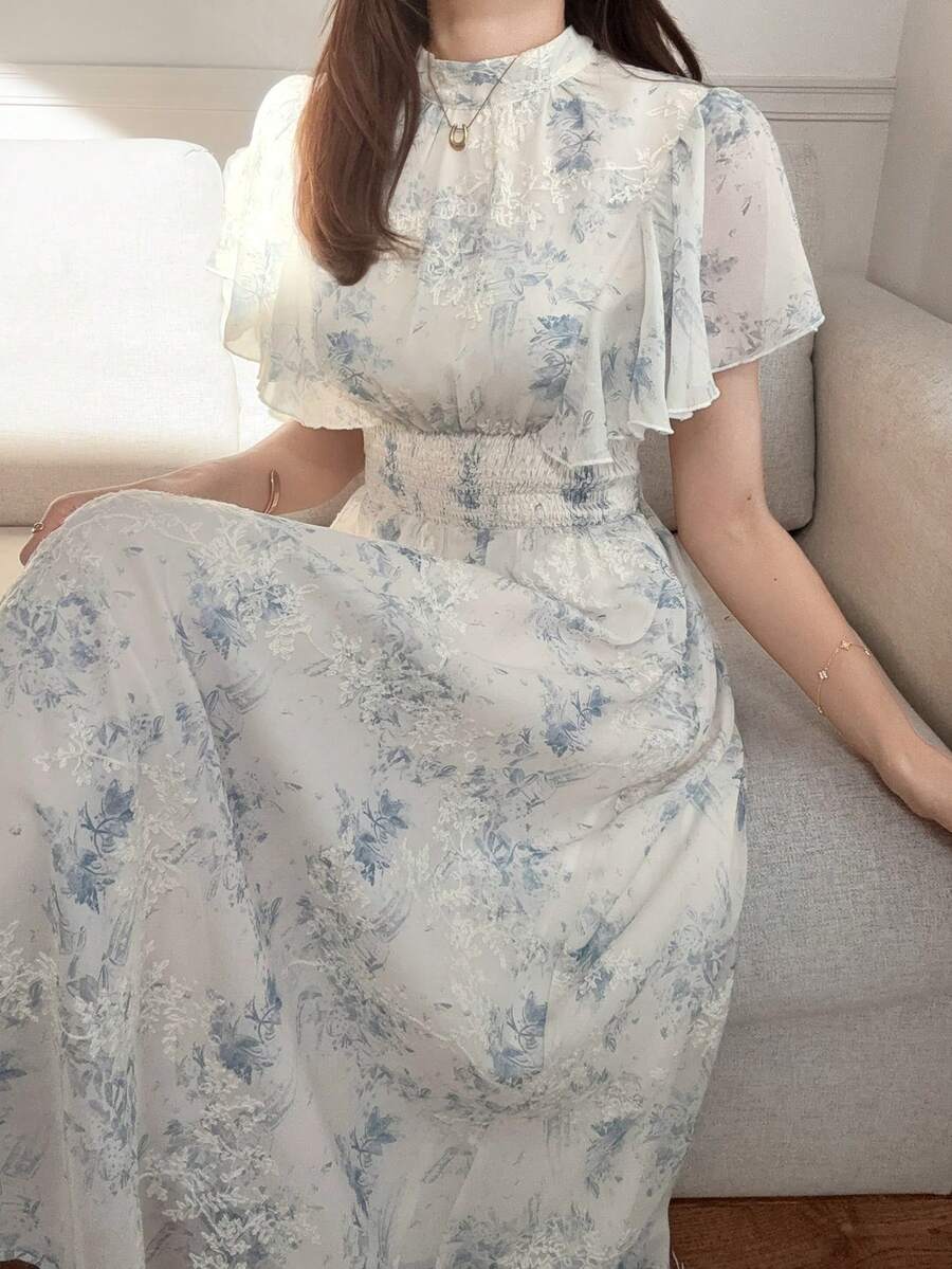 FRIFUL 女士全印花蓝色雪纺连衣裙，收腰设计，显瘦百搭 - 藍色 - 查看 1