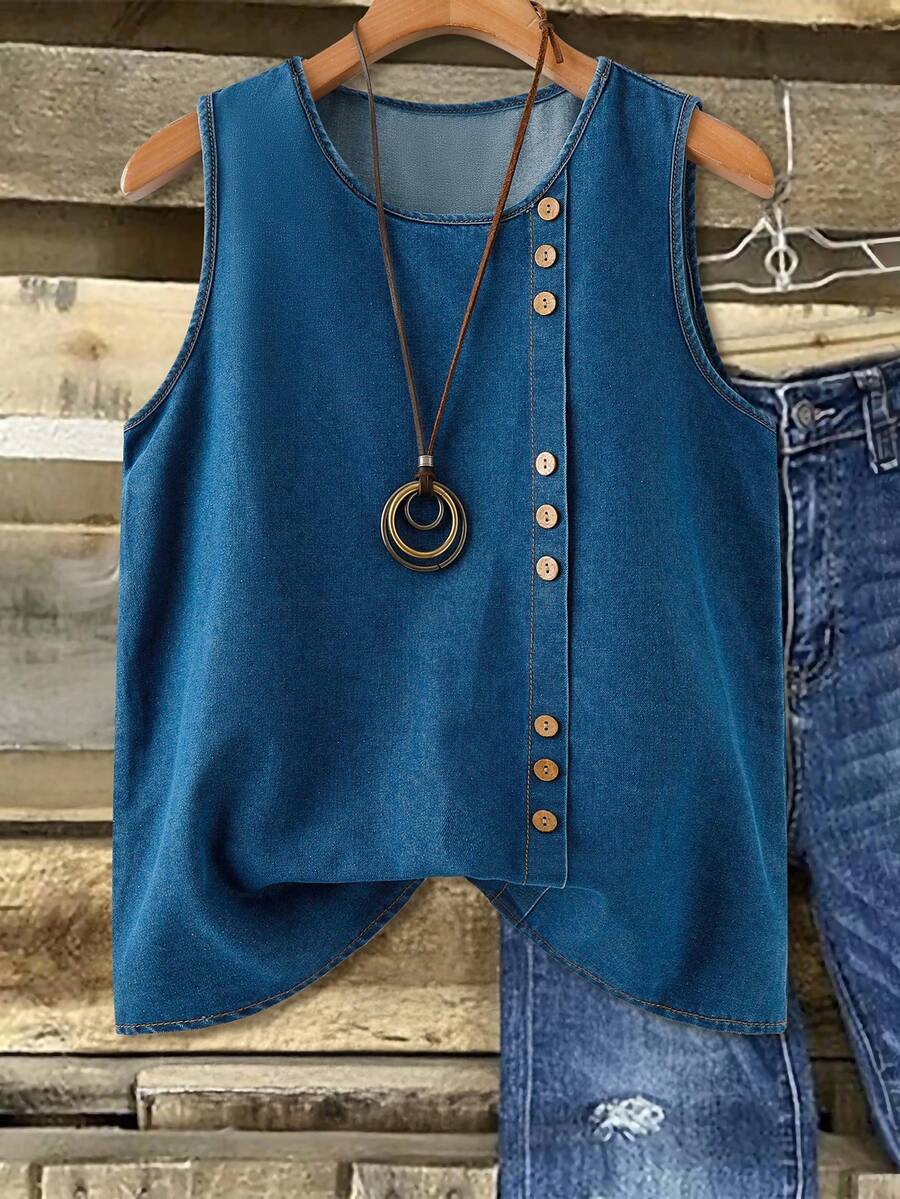EMERY ROSE Mature Denim Women's Round Neck Button Design Casual Sleeveless Denim Top - Blue - View 1