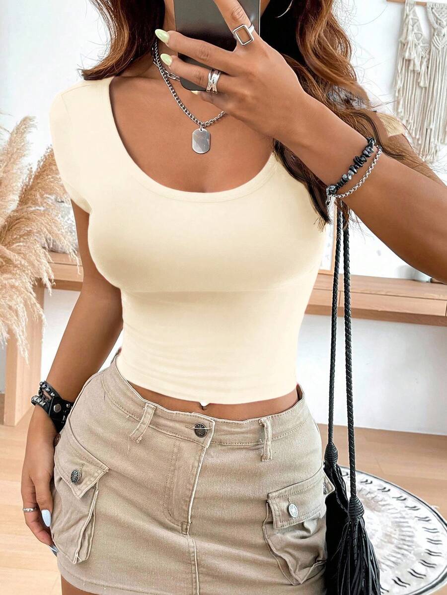 SHEIN EZwear 休闲简约图案圆领插肩袖修身女式T恤，杏色 - 杏色 - 查看 1