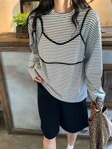 DAZY Women's Striped Round Neck Long Sleeve T-Shirt With Layered Camisole, 2-Piece Korean Style Set - Black and White - View 5