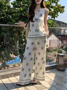 DAZY Bộ đồ nữ gồm áo vest không tay cổ chữ V họa tiết đồng xu cổ điển và quần ống rộng bằng vải lanh, thích hợp cho kỳ nghỉ hè. - trắng - Xem 8