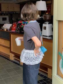 DAZY Women's Stylish American Shoulder Short Sleeve T-Shirt, Slim Fit Casual Top - Grey - View 2