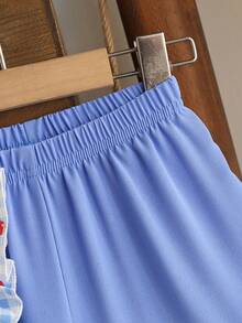 SHEIN 2pcs/Set Young Girls Textured Fabric Short Sleeve Button Back T-Shirt & Casual Long Pants Outfit - Blue - View 6