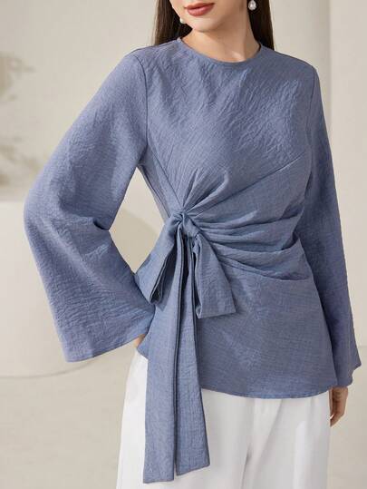 Veilorie Women's Solid Color Round Neck Bell Sleeve Side Tie Casual Shirt