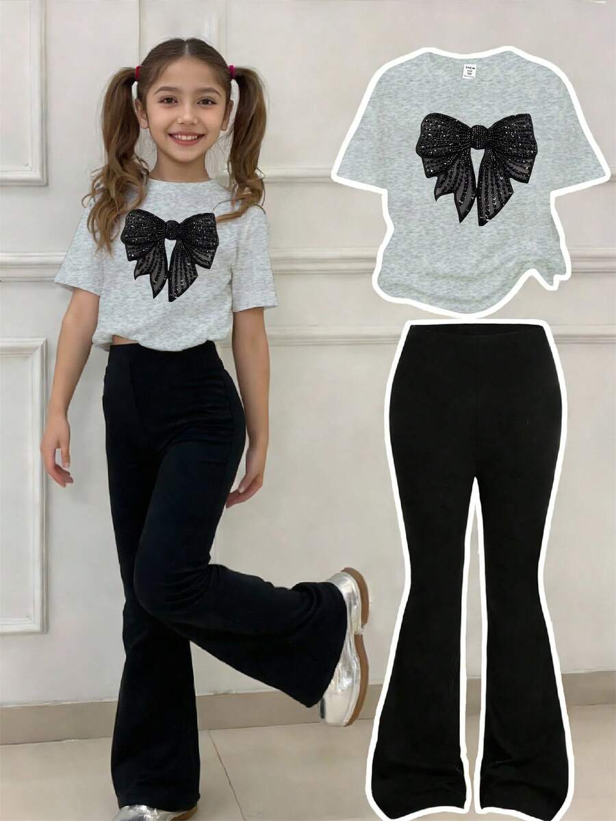女童休闲简约黑色蝴蝶印花灰色短袖圆领T恤搭配黑色喇叭裤套装,适合夏季穿着,可爱卡通图案,日常舒适两件套,春、夏、秋、冬皆宜。 - 白色 - 查看 1