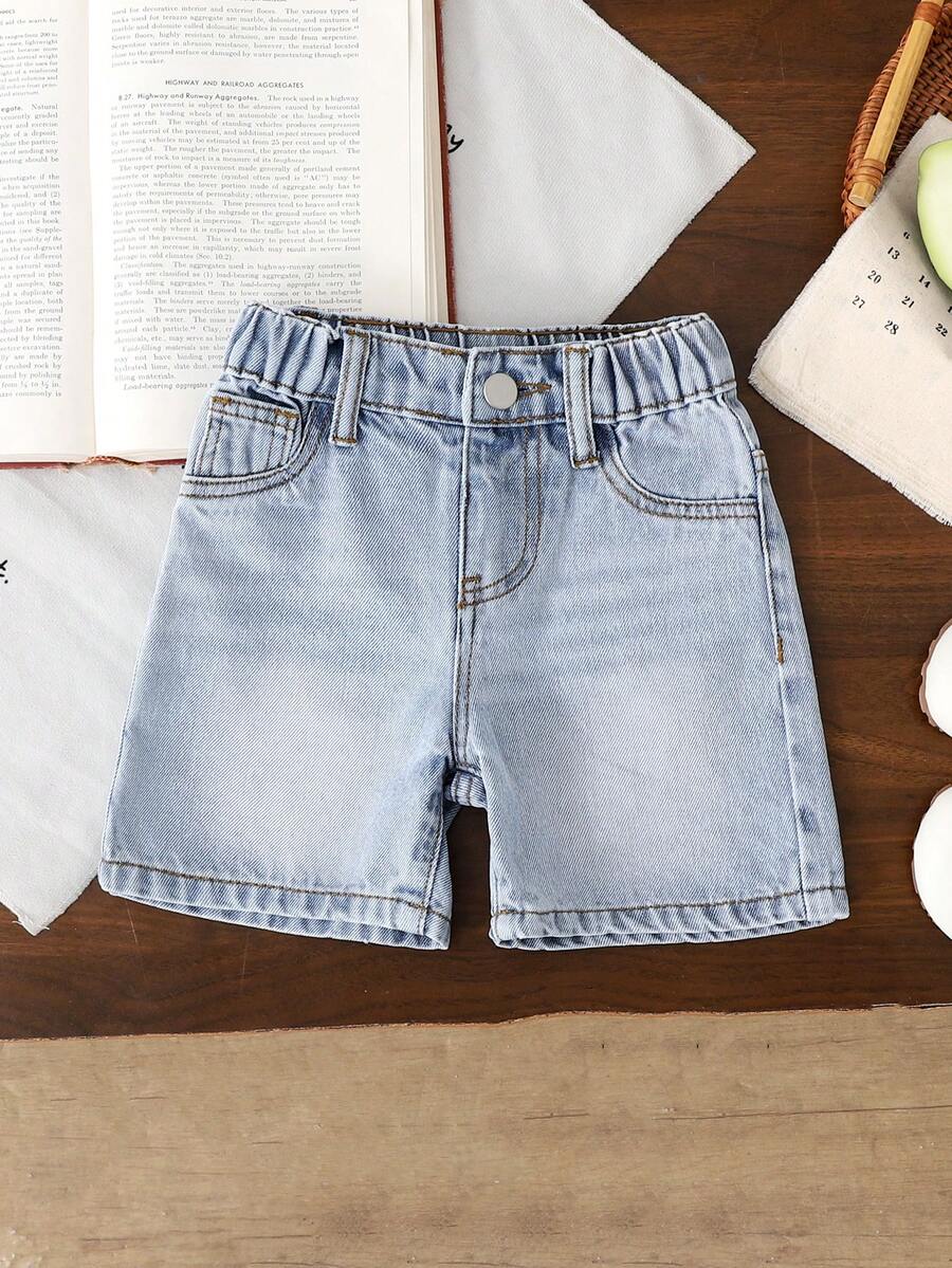 SHEIN 男童休闲百搭水洗蓝多口袋牛仔工装短裤 - 淺色水洗藍 - 查看 1