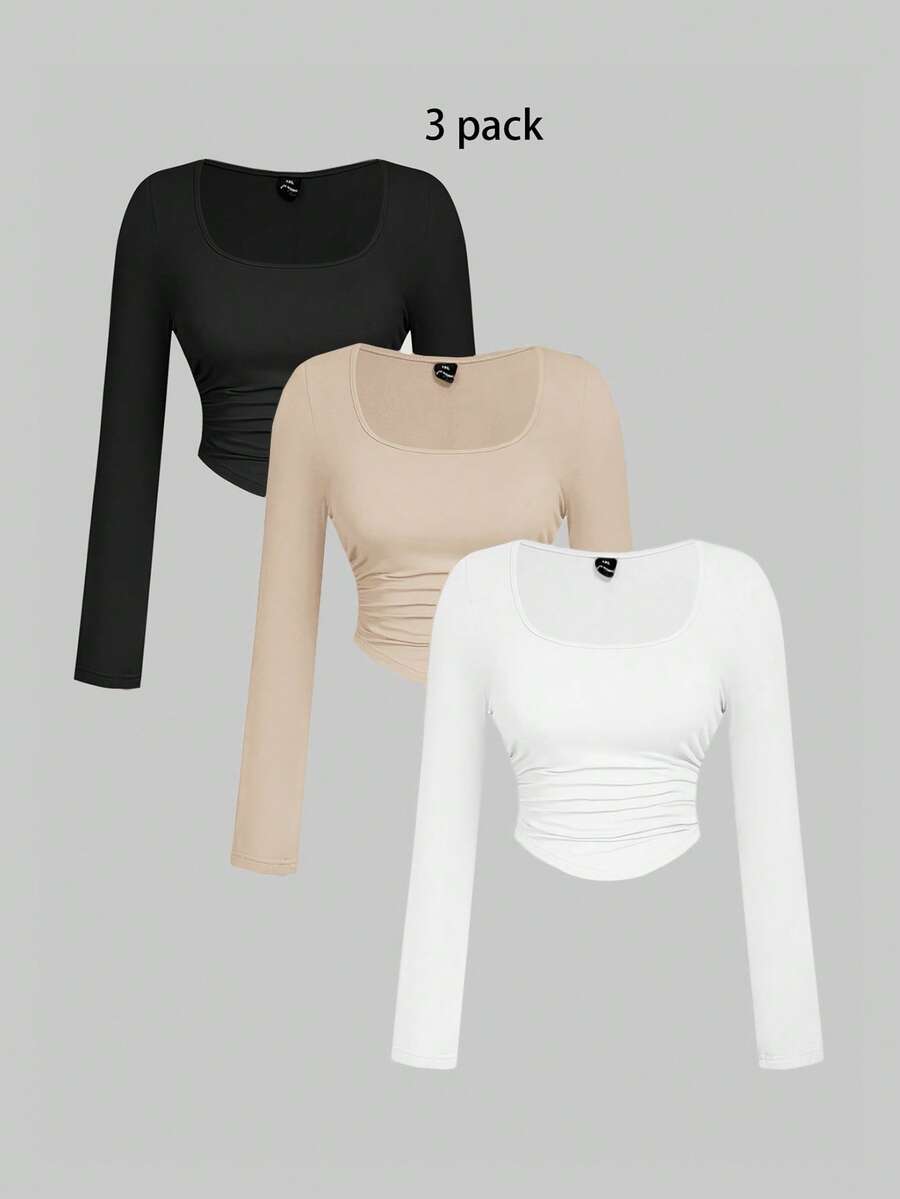 SHEIN MOD Áo thun ôm sát cổ tròn cỡ lớn dành cho nữ, bộ 3 áo, áo dài tay nữ, áo bó sát, áo màu trung tính, áo croptop dài tay, áo dài tay nữ. - Màu Khaki - Xem 1