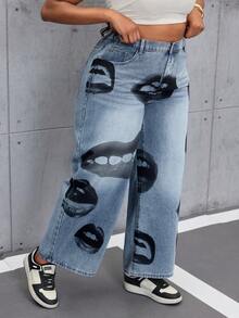 Slaydiva Spring/Summer Plus Size Women High Waist Pocket Lip Print Loose Casual Wide Leg Jeans - Blue - View 5