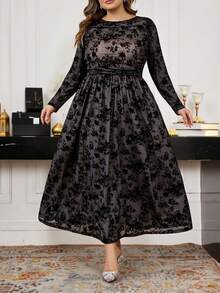 SHEIN CURVE+ Váy dài tay ôm dáng thoải mái, thanh lịch, sang trọng, thoải mái cho buổi tối hẹn hò đầu xuân cỡ lớn, nhà hàng cao cấp, đa năng, váy co giãn, váy dự tiệc, váy dạ hội, đám cưới/2026/năm mới - màu đen - Xem 7