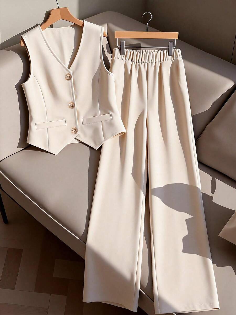 SHEIN 2pcs/Set Girls Casual Vest And Pants Set, Basic V-Neck Sleeveless Top Paired With Loose Straight Leg Pants, Suitable For Outings, Commuting And Daily Wear, Spring/Summer - White - View 1