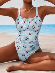 Swim Mod Women's Cherry Plaid Print One-Piece - Baby Blue - View 4