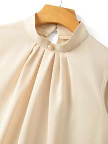 Almamuse Áo sơ mi nữ không tay cổ tàu xếp ly màu trơn, thời trang và đa năng, phù hợp cho đi làm và đi chơi. - Rượu sâm banh - Xem 7