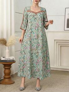 Yasmyna Đầm Abaya nữ in hoa với họa tiết trang trí, đầm midi nữ tay lỡ 3/4 in hoa thanh lịch, đầm in hoa nữ, đầm in hoa màu xanh lá cây. - màu xanh lá - Xem 3