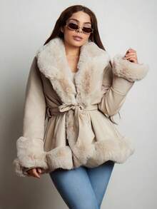 Lupita Cardoza 毛茸茸翻領腰帶外套 - 米色 - 查看 4