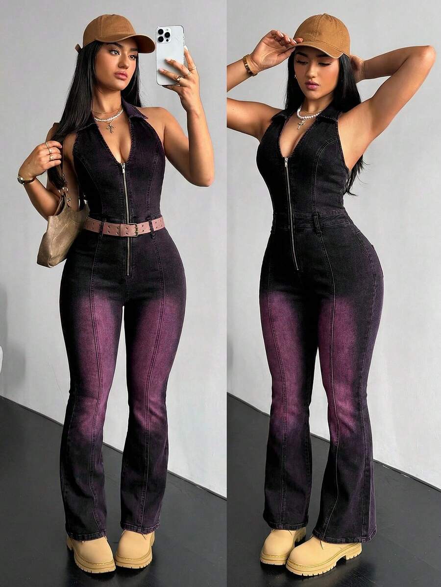 SHEIN ICON Women's Ombre Zip Front Halter Neck Flare Leg Denim Jumpsuit - Purple - View 1
