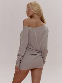 MUSERA Off The Shoulder Slouchy Fit Long Sleeve Knit Mini Dress Cute Girly Sexy Spring Winter Going Out Daily Easter Sugar Swizzle - Grey - View 2