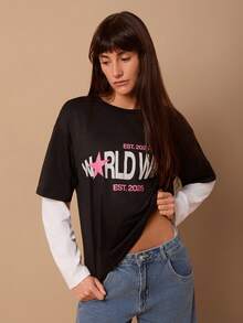 女士休闲长袖黑白拼接宽松T恤 - 黑與白 - 查看 2