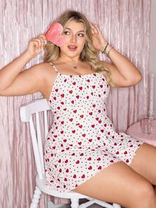 Slumberry CURVE Romantic Cute Heart Print Ruched Camisole Loose Knit Jumpsuit, Comfortable Plus Size Sleepwear - Red and White - View 1