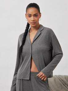 Ocili 女士柔美花卉印花睡衣套装，长袖上衣和长裤，带领子 - 深灰色 - 查看 5