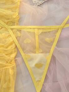 DelicateAllure 2pcs Mesh Patchwork Ruffle Hem Sheer Heart Jacquard Deep V Pleated Butt-Lifting Alluring Curve Innocent Sexy Dress + G-String Lingerie Set, Plus Size - Yellow - View 3
