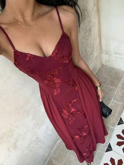 SHEIN SunnyBelle Women's Burgundy Mesh Embroidered Spaghetti Strap A-Line Dress, Elegant & Sophisticated, Suitable For Parties, Weddings, Beaches, Dates, Romantic & Cute, Spring/Summer
