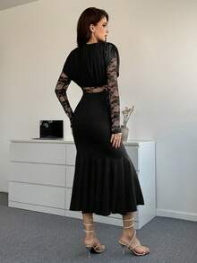 Modelyn Vestido de manga larga ajustado con cuello redondo, encaje, parches, pliegues y bajo de cola de sirena vintage para mujeres - Negro - Ver 2