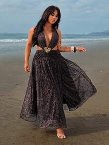 Rustia Sexy & Elegant Leopard Print Fitted Long Slit Dress - Brown - View 3