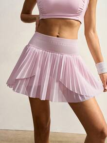 VARSIVA Solid Color Mesh Patchwork Pleated Fashion Sports Mini Skirt - Pink - View 2