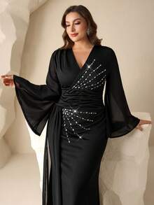 Coutiva 优雅黑色长袖钻石装饰晚礼服 - 黑色 - 查看 4