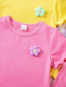 10件套针织短袖短裤套装，色彩缤纷的多件套女童日常休闲装，基础款T恤套装，3D立体花卉图案，可爱舒适，适合休闲运动、叠穿、户外搭配 - 彩色 - 查看 5