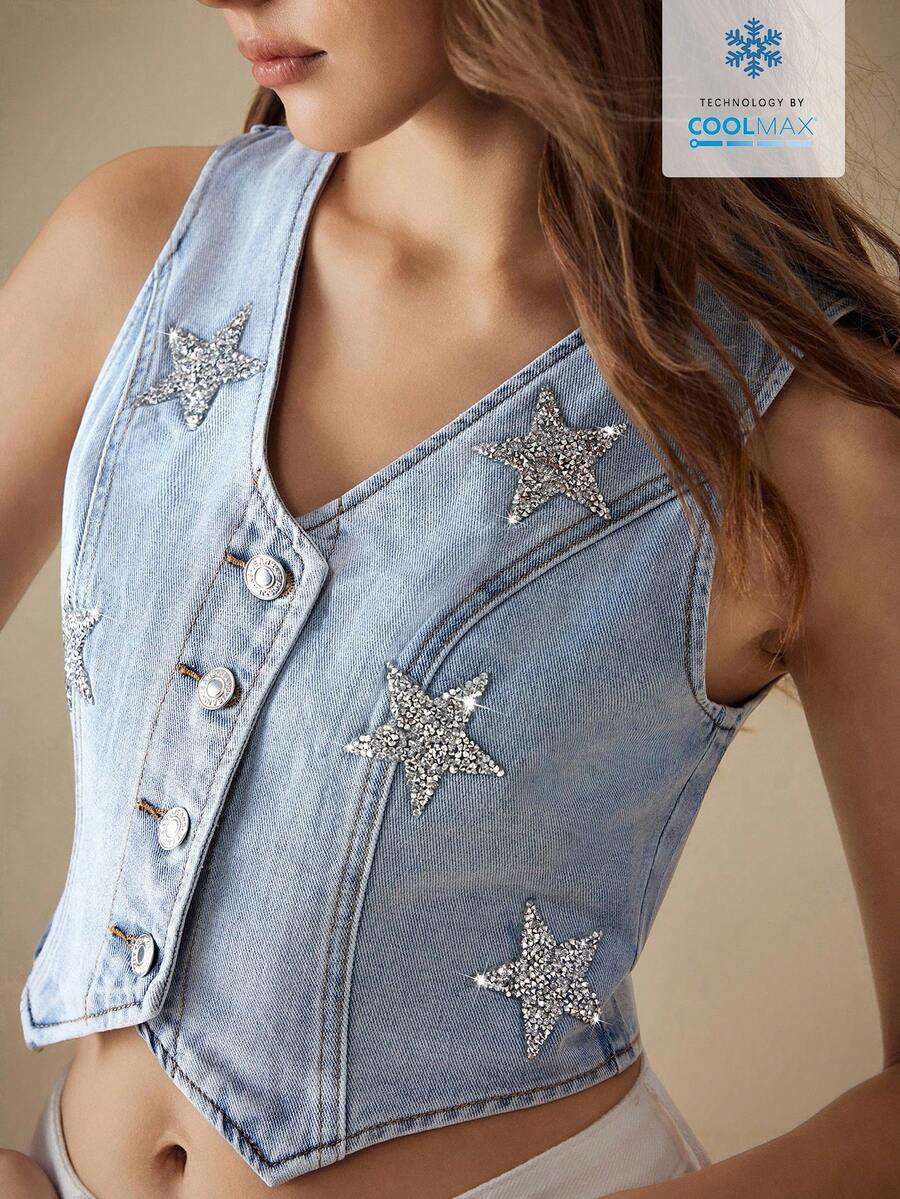 Selenza Áo khoác gile denim nữ cổ chữ V đính sequin hình ngôi sao và cài cúc phía trước - Rửa nhẹ - Xem 1