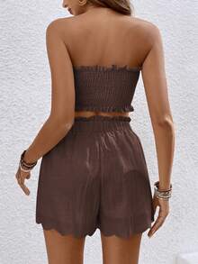 SHEIN Frenchy Setelan Kasual 2 Potong Wanita Atasan Camisole dan Celana Pendek Warna Polos dengan Hiasan Pita - Coffee Brown - View 2