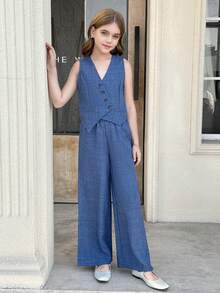 SHEIN Nova Glow Tween Girl Sleeveless Woven Top With Asymmetrical Hem And Buttons, Paired With Relaxed Straight Leg Pants, 2pcs Set, French Elegant And Fashionable Office Wear - Blue - View 4