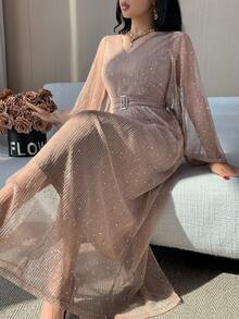 DAZY Women's Elegant Solid Color V-Neck Ruffle Sleeve Belted Long Dress, Spring/Summer Maxi Dress Sundress - Pink - View 8