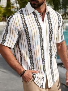 VENTUSAIL 休闲时尚百搭夏季男士短袖衬衫，黑白条纹衬衫，纹理衬衫，短袖纽扣衬衫，男士秋季户外服装，2025年男士秋季服装，新款秋季衬衫是一款百搭的秋季外出衬衫，适合通勤、休闲约会和商务等各种场合，衬衫，刺绣衬衫，波西米亚风衬衫，墨西哥风衬衫，短袖衬衫，钩针衬衫，夏季男士衬衫，白色针织网眼条纹面料 - 彩色 - 查看 5