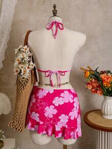 Bellisia 3件套女士印花挂脖三角比基尼套装，带3D立体花朵装饰 - 玫紅色 - 查看 2