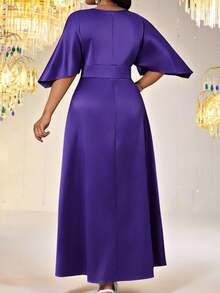 SHEIN Lady Đầm thanh lịch cỡ lớn, màu trơn, kiểu dáng thắt eo chéo, chất liệu vải cotton. - Màu tím - Xem 3