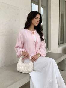 Solavon Áo nữ tay dài đơn giản, màu trơn, kiểu dáng thường ngày, buộc dây. - Hồng - Xem 11